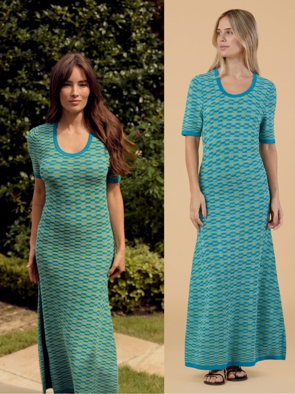 Olivia by LIVRO Ava Dress Turquoise Knit Geometric Checkered Maxi Medium NWT